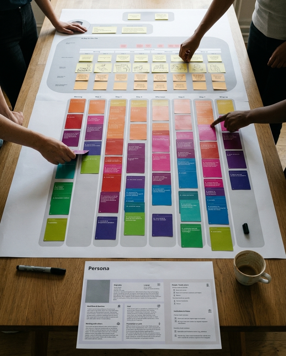 A journey canvas on a table seen from above, columns of small colored cards under each step, hands placing cards, a persona sheet at the table's edge.