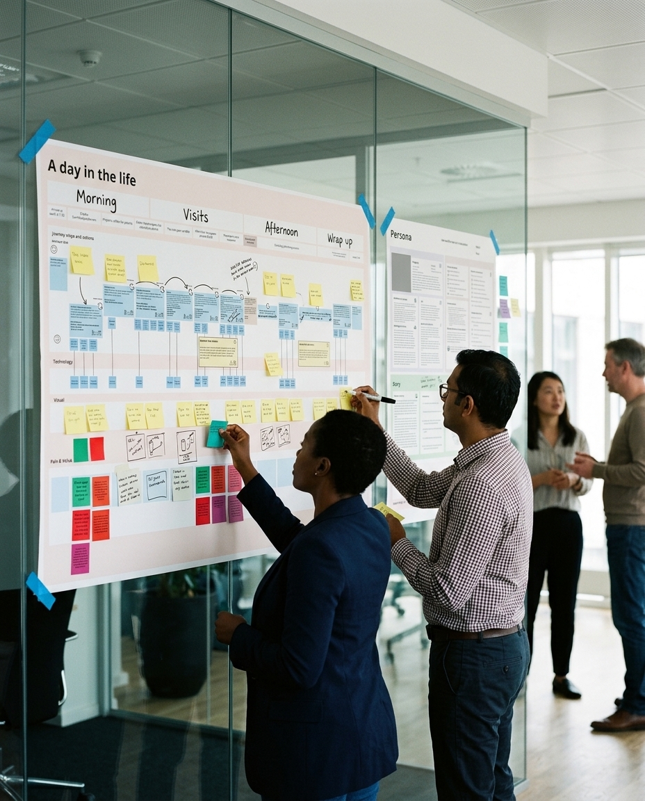 A day-in-the-life canvas and a persona sheet taped to a glass wall, filled with notes and small colored cards, two people placing a card and writing.
