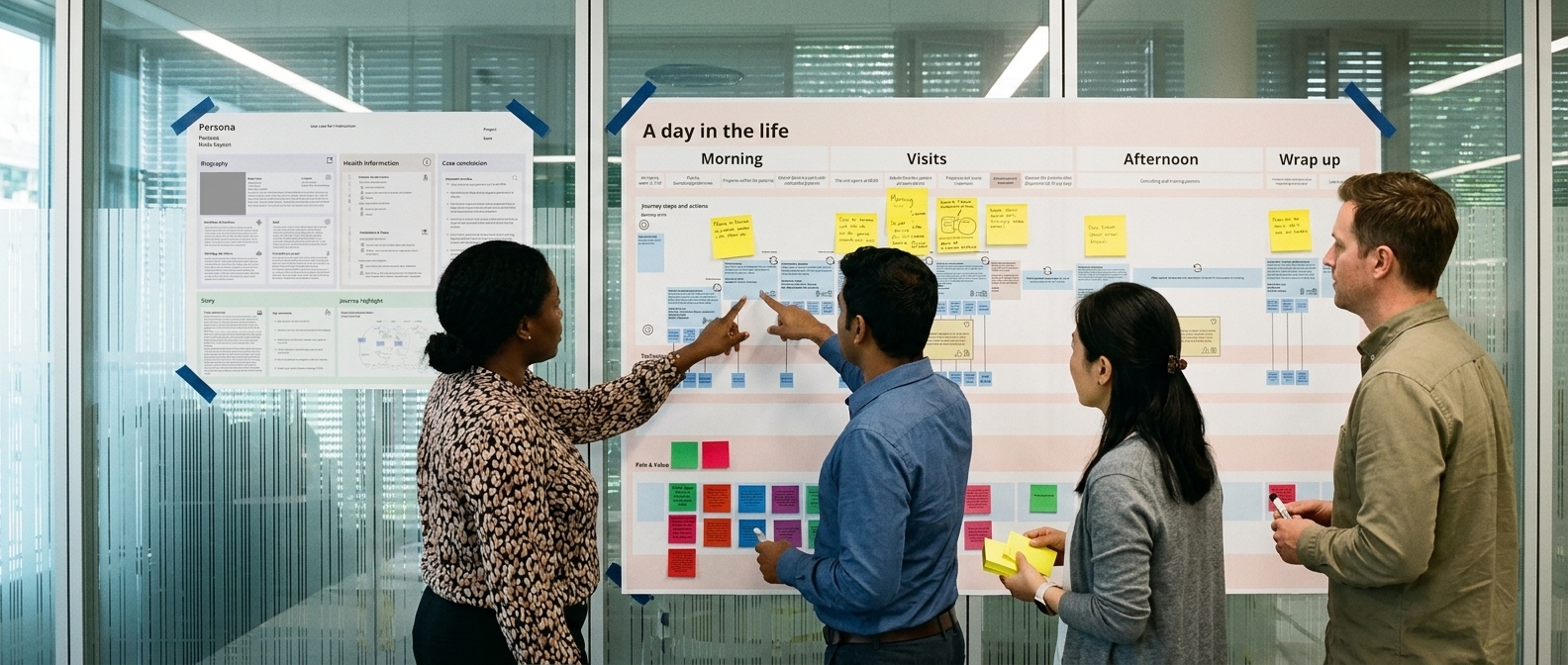 A team of four at a glass wall where a day-in-the-life canvas and a persona sheet are taped up, two of them pointing at the same step.
